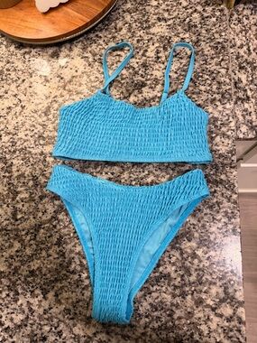 Smocked High-Waist Bikini Set - Aqua Blue